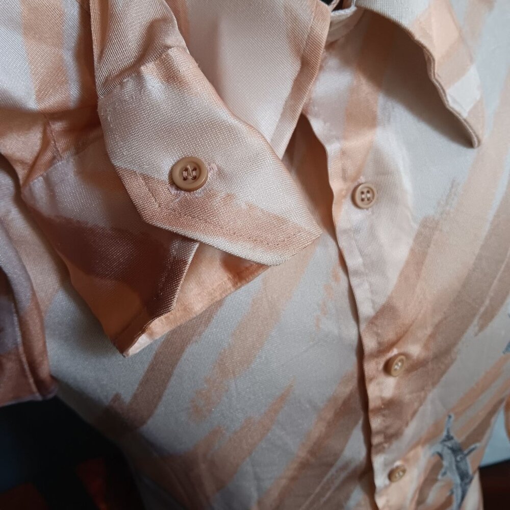 Vintage Men's Disco Shirt Large 1970s Salmon Pink Nautical Sexy Man Woman Print - Picture 8 of 10